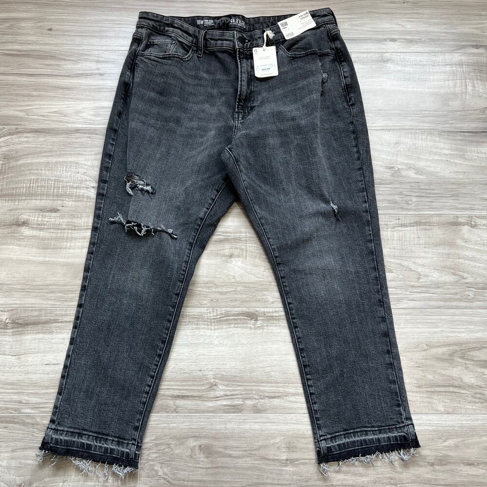 a.n.a Womens Highest Rise Straight Leg Distressed Black Denim Jean size 16W